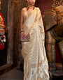 Charismatic Beige Banarasi Satin Silk Saree With Whimsical Blouse