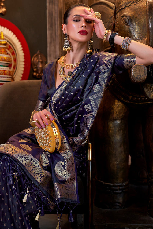 Load image into Gallery viewer, Scintillating Blue Banarasi Satin Silk Saree With Allure Blouse
