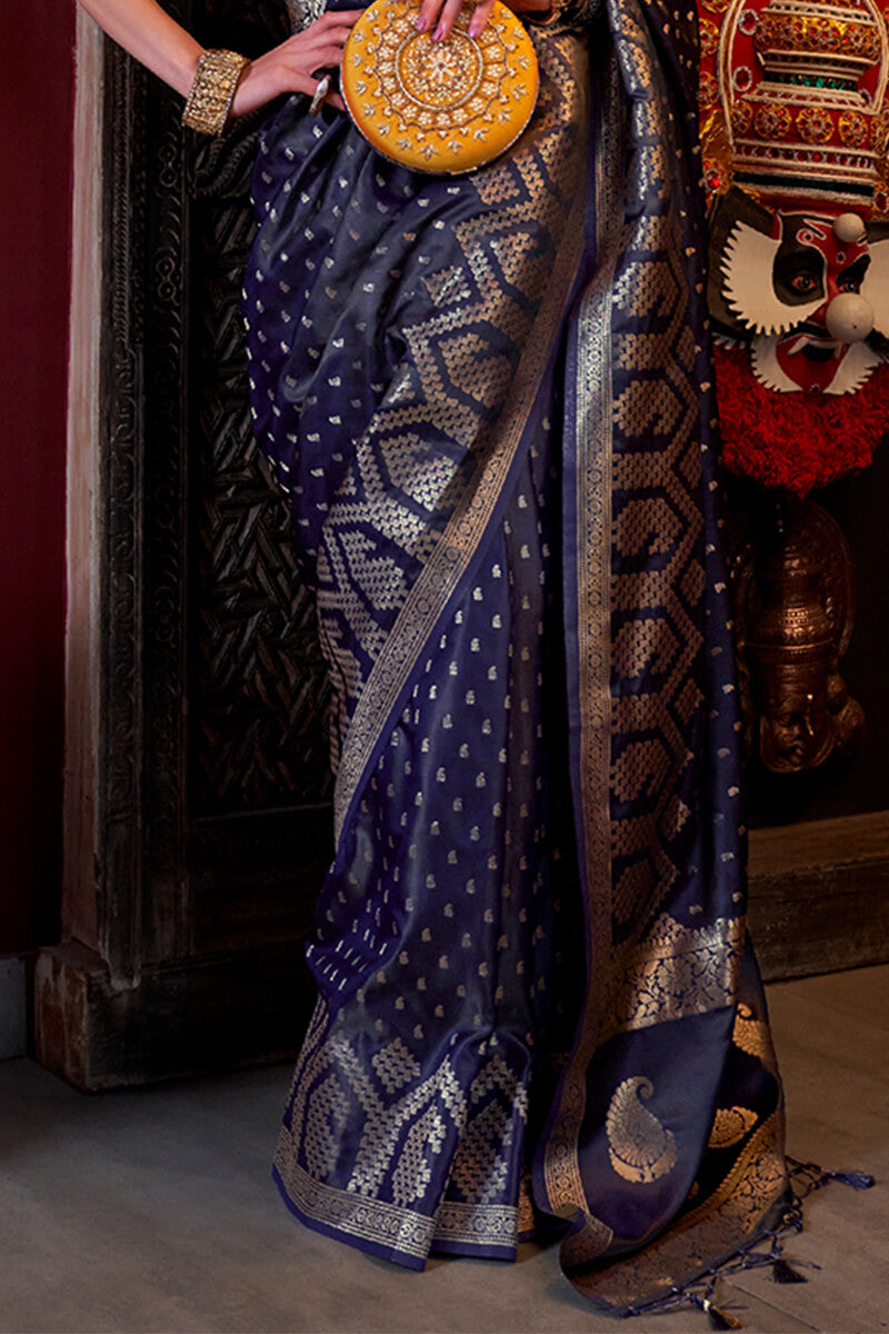 Scintillating Blue Banarasi Satin Silk Saree With Allure Blouse