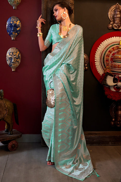 Load image into Gallery viewer, Radiant Sea Green Banarasi Satin Silk Saree With Alluring Blouse
