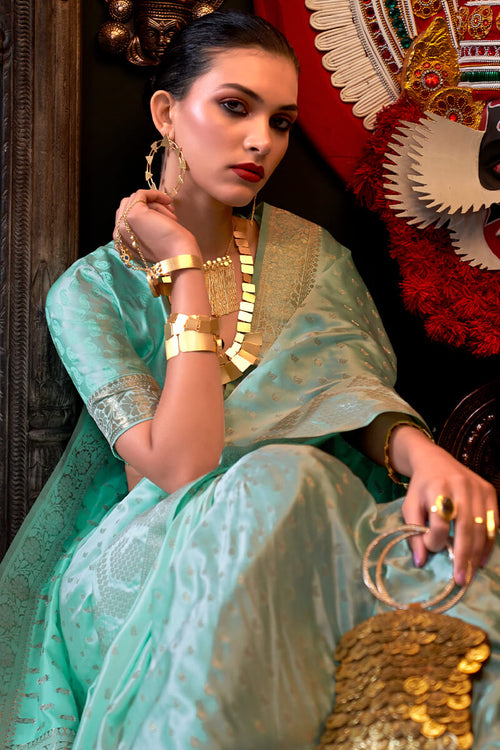 Load image into Gallery viewer, Radiant Sea Green Banarasi Satin Silk Saree With Alluring Blouse
