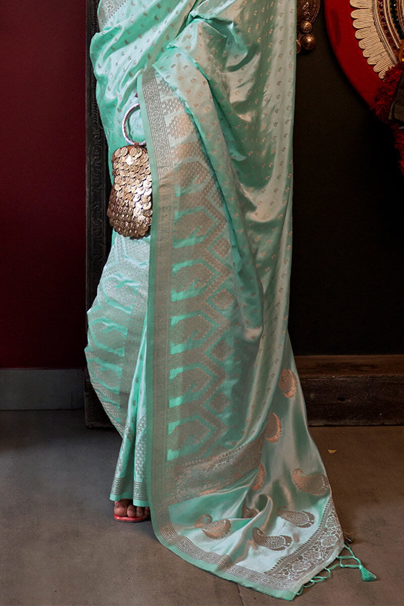 Radiant Sea Green Banarasi Satin Silk Saree With Alluring Blouse