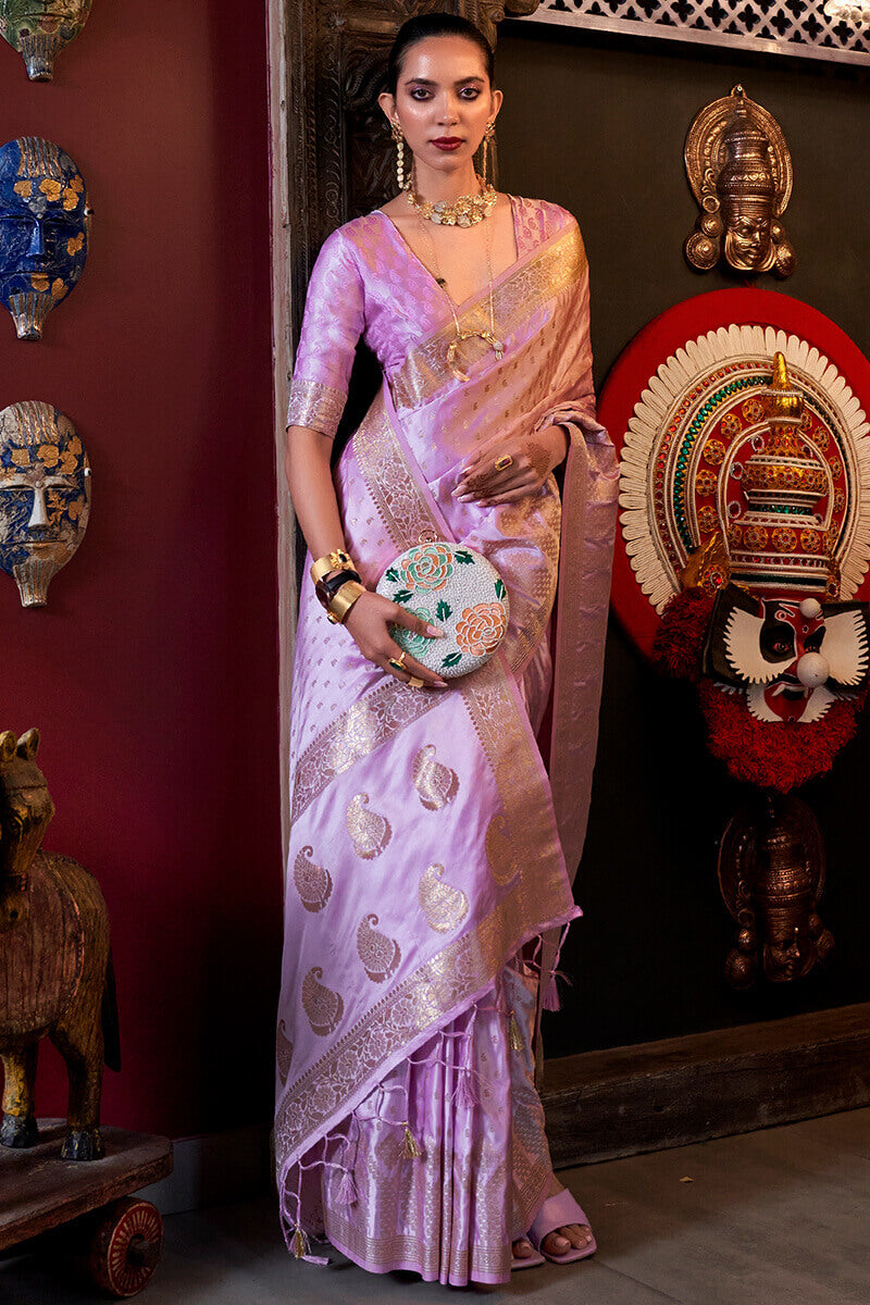 Exemplary Lavender Banarasi Satin Silk Saree With Aplomb Blouse