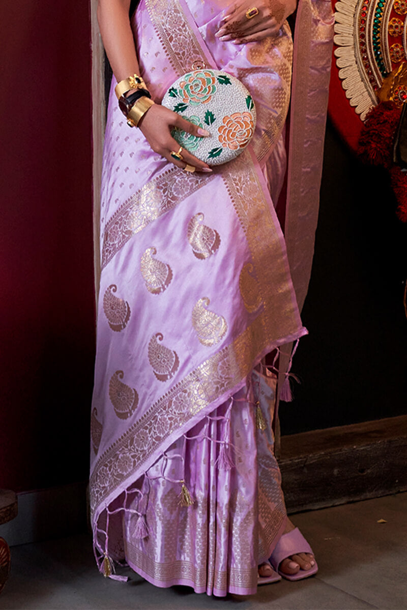 Exemplary Lavender Banarasi Satin Silk Saree With Aplomb Blouse