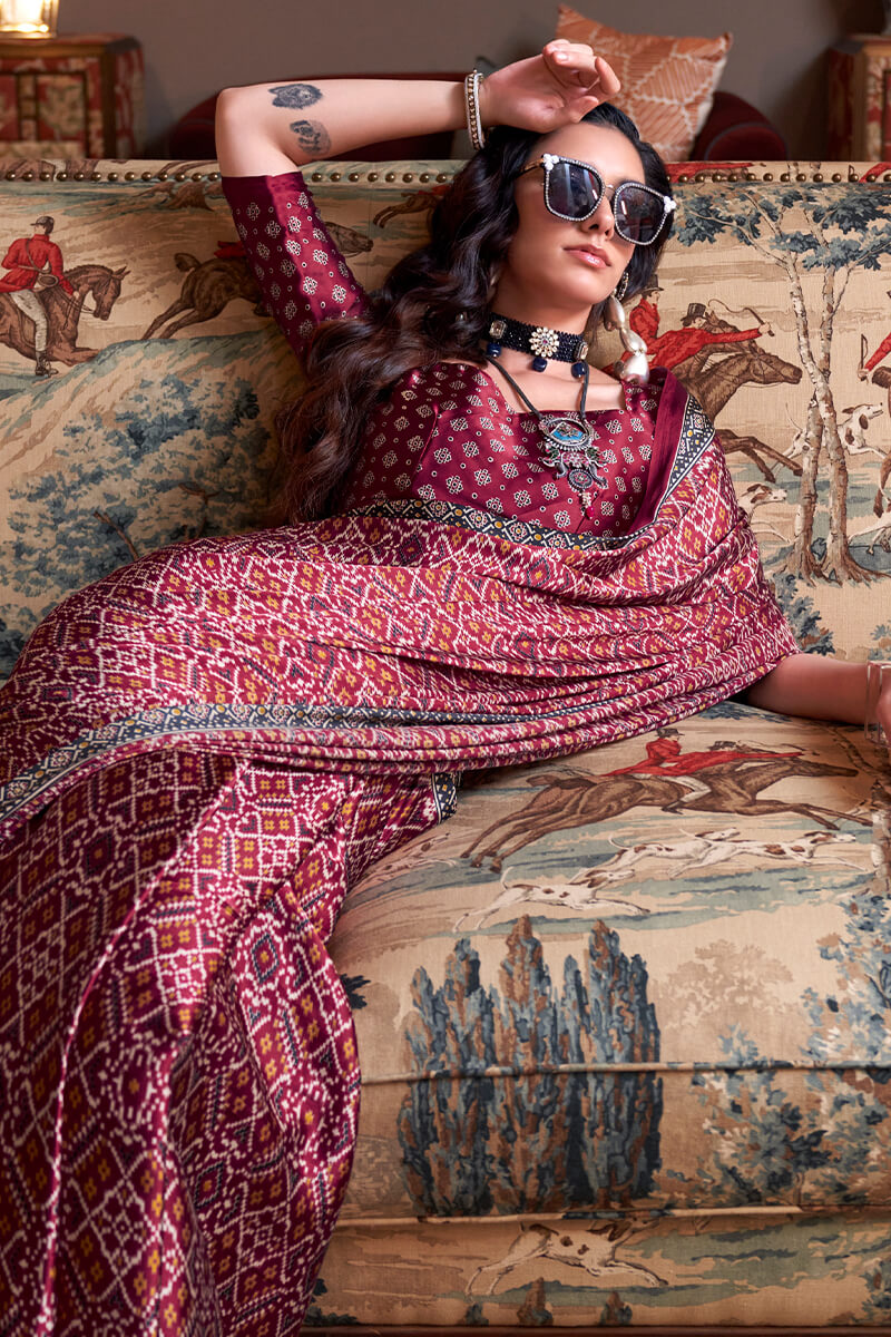 Aplomb Wine Digital Printed Satin Silk Saree With Ravishing Blouse Piece