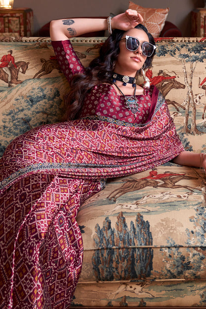 Aplomb Wine Digital Printed Satin Silk Saree With Ravishing Blouse Piece