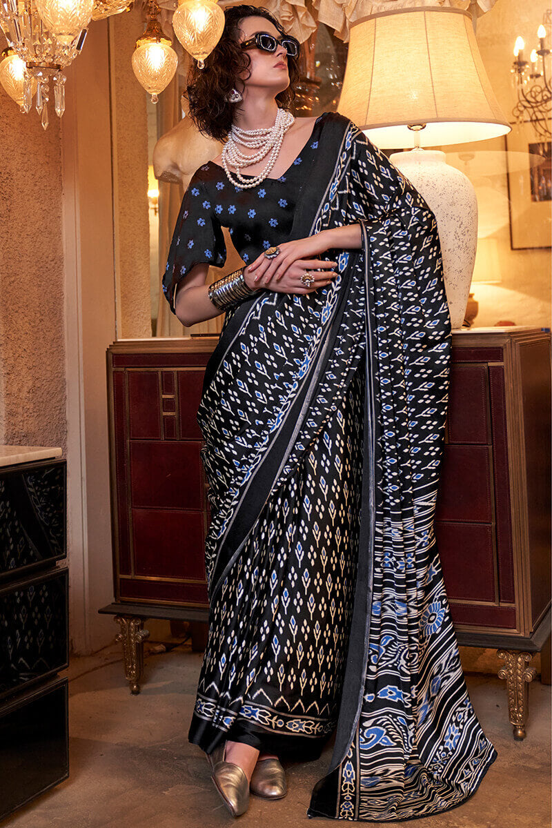 Ethereal Black Digital Printed Satin Silk Saree With Tantalizing Blouse Piece
