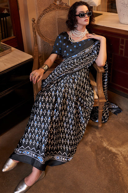 Ethereal Black Digital Printed Satin Silk Saree With Tantalizing Blouse Piece