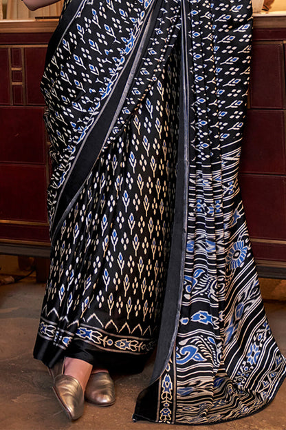 Ethereal Black Digital Printed Satin Silk Saree With Tantalizing Blouse Piece