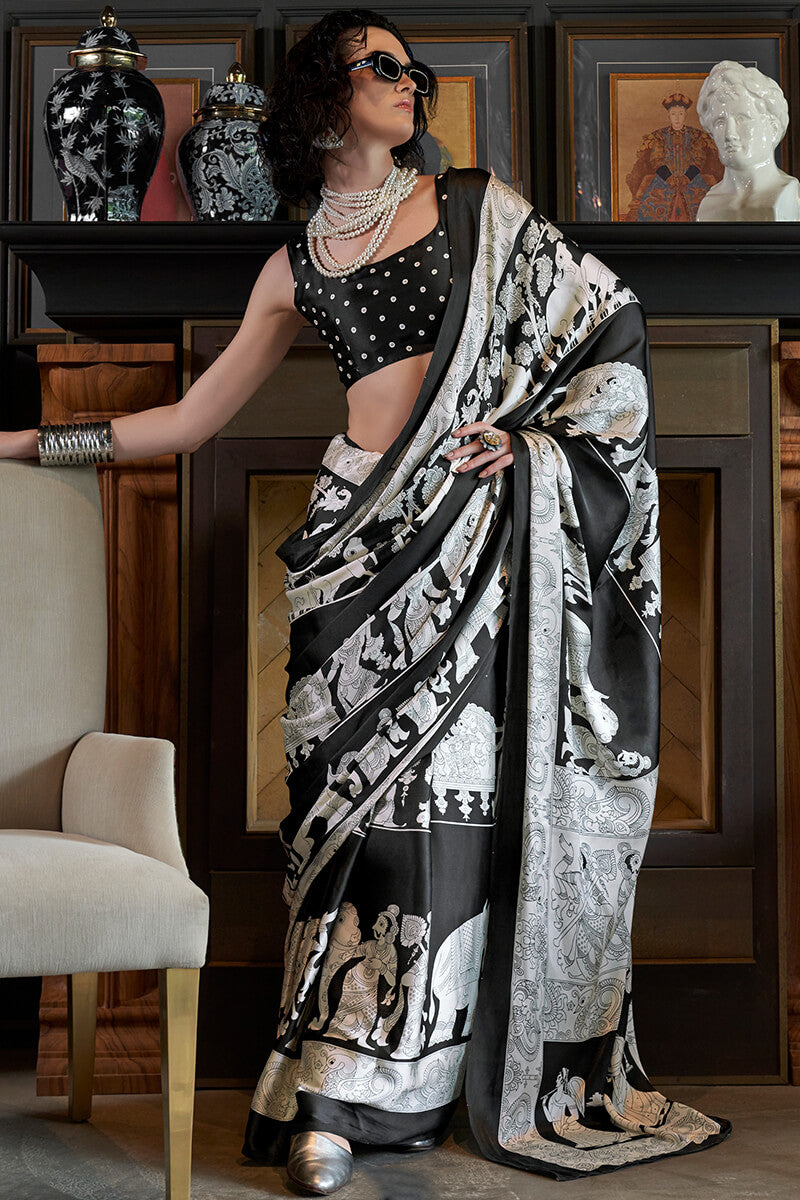 Vibrant Black and White Digital Printed Satin Silk Saree With Whimsical Blouse Piece