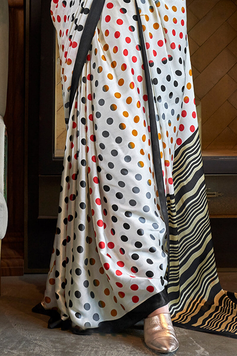 Resplendent White Digital Printed Satin Silk Saree With Profuse Blouse Piece