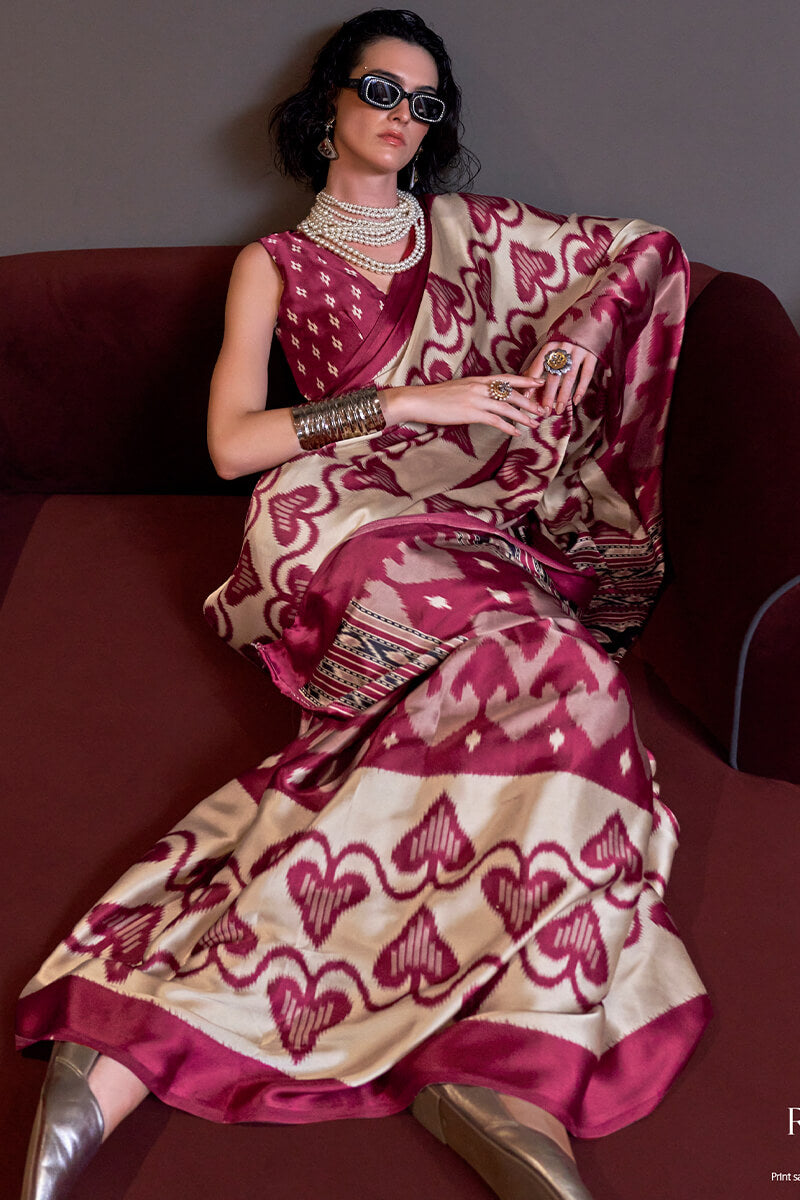 Epiphany Beige and Wine Digital Printed Satin Silk Saree With Effervescent Blouse Piece