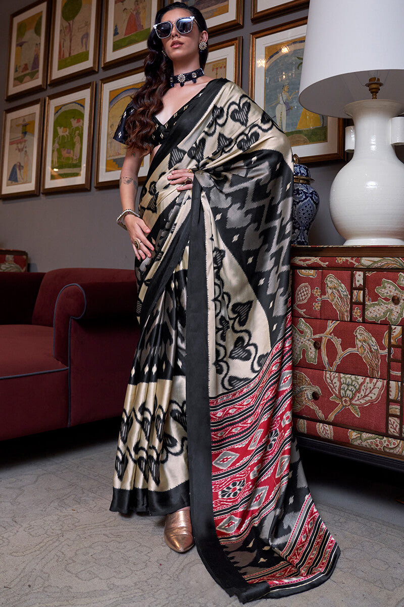 Chatoyant Beige and Black Digital Printed Satin Silk Saree With Comely Blouse Piece
