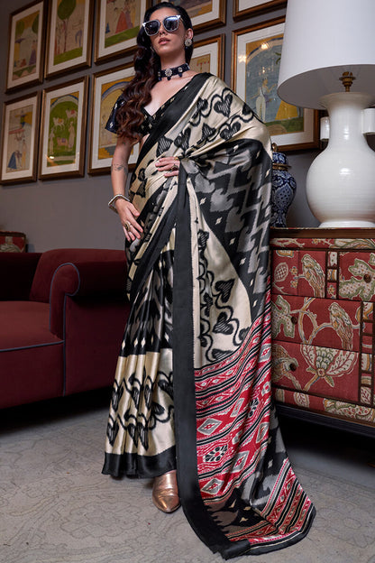 Chatoyant Beige and Black Digital Printed Satin Silk Saree With Comely Blouse Piece
