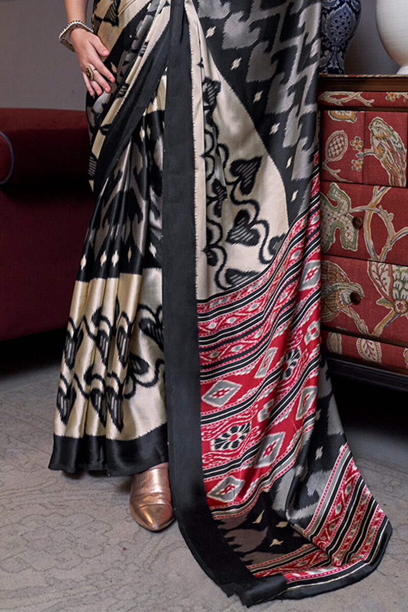 Chatoyant Beige and Black Digital Printed Satin Silk Saree With Comely Blouse Piece