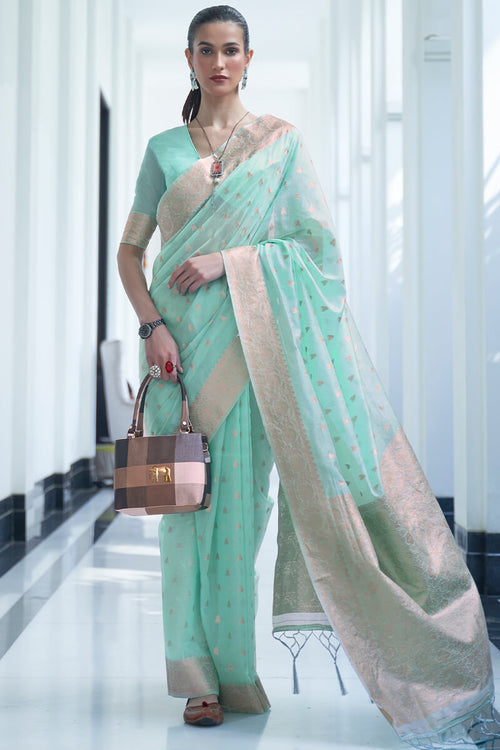 Load image into Gallery viewer, Demanding Sea Green Cotton Silk Saree With Breathtaking Blouse Piece
