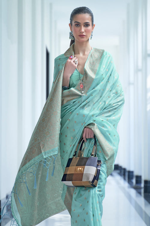 Load image into Gallery viewer, Demanding Sea Green Cotton Silk Saree With Breathtaking Blouse Piece
