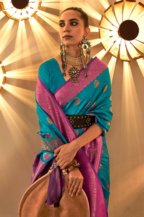 Load image into Gallery viewer, Stunner Blue Soft Banarasi Silk Saree With Flameboyant Blouse Piece
