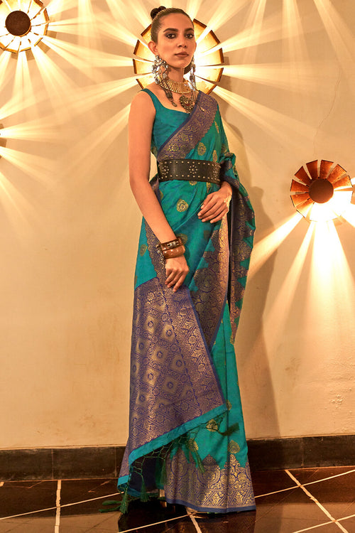 Load image into Gallery viewer, Mesmeric Rama Soft Banarasi Silk Saree With Entrancing Blouse Piece
