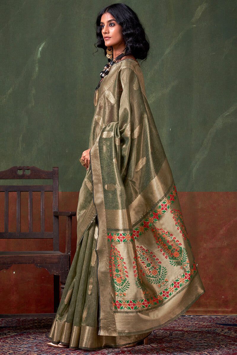 Cynosure Green Paithani Pure Tissue Silk Saree With Bewitching Blouse Piece