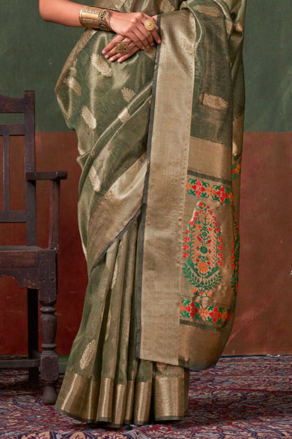 Cynosure Green Paithani Pure Tissue Silk Saree With Bewitching Blouse Piece