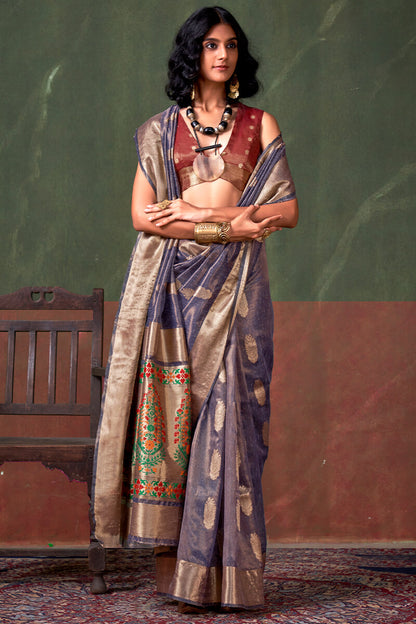 Blissful Blue Paithani Pure Tissue Silk Saree With Grandiose Blouse Piece