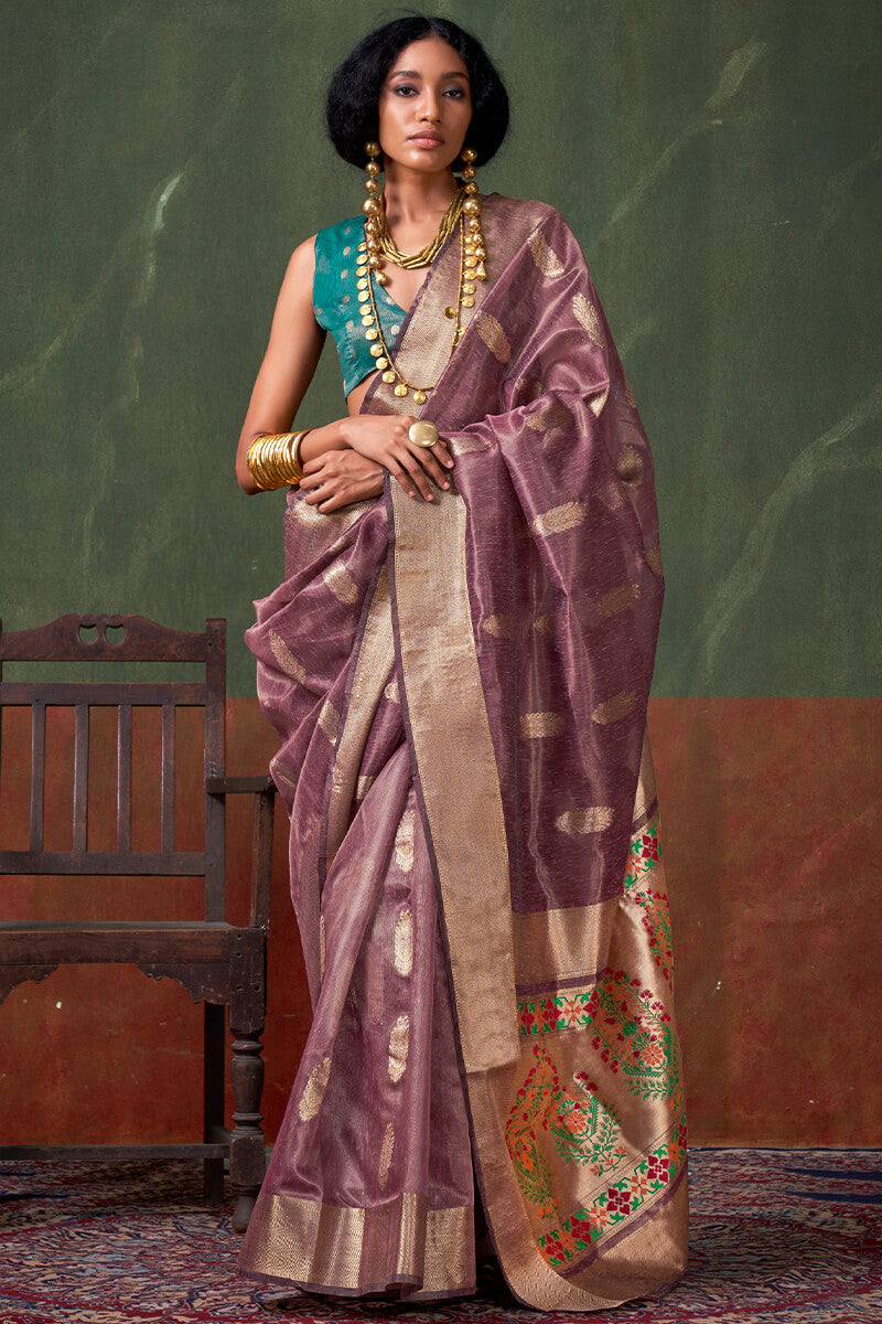 Staring Purple Paithani Pure Tissue Silk Saree With Comely Blouse Piece