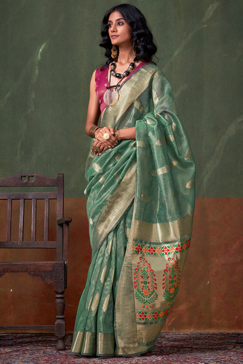 Lissome Sea Green Paithani Pure Tissue Silk Saree With Ailurophile Blouse Piece