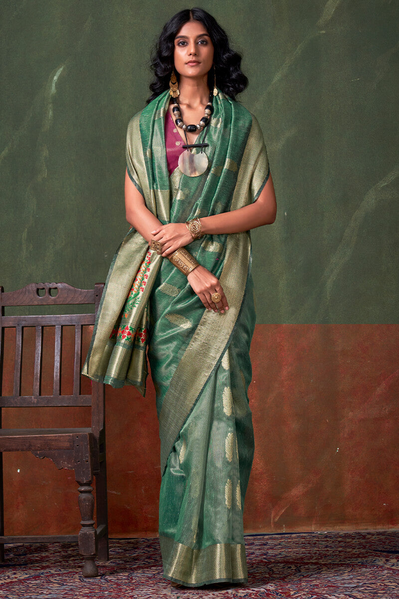 Lissome Sea Green Paithani Pure Tissue Silk Saree With Ailurophile Blouse Piece