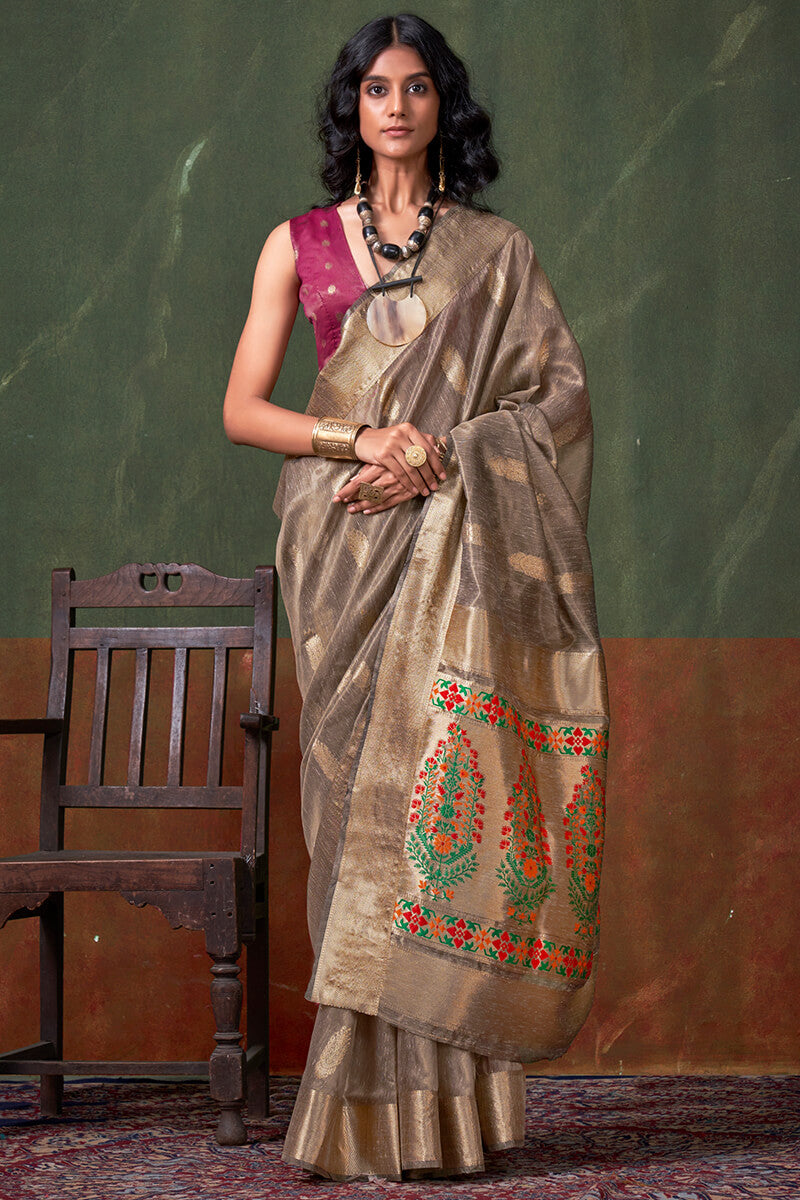 Snazzy Brown Paithani Pure Tissue Silk Saree With Smashing Blouse Piece