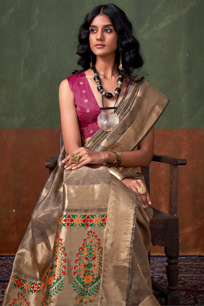 Snazzy Brown Paithani Pure Tissue Silk Saree With Smashing Blouse Piece