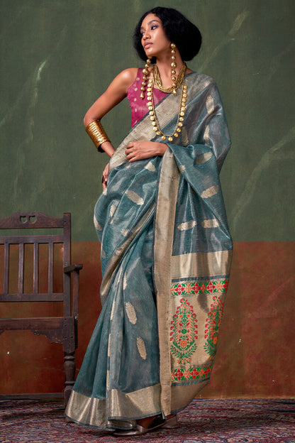 Piquant Rama Paithani Pure Tissue Silk Saree With Enticing Blouse Piece