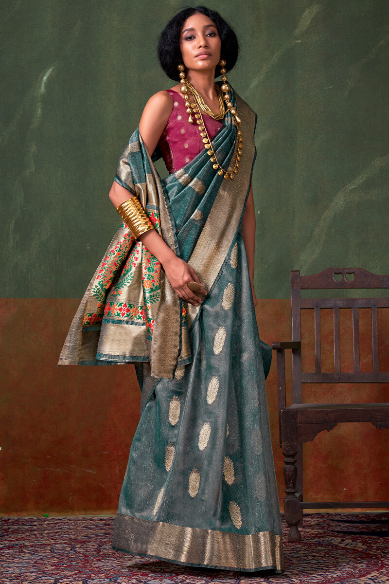 Piquant Rama Paithani Pure Tissue Silk Saree With Enticing Blouse Piece