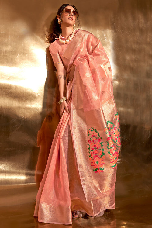 Load image into Gallery viewer, Exceptional Peach Paithani Silk Saree With Arresting Blouse Piece
