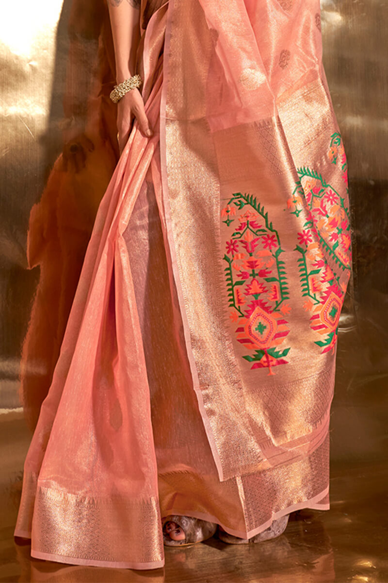 Exceptional Peach Paithani Silk Saree With Arresting Blouse Piece