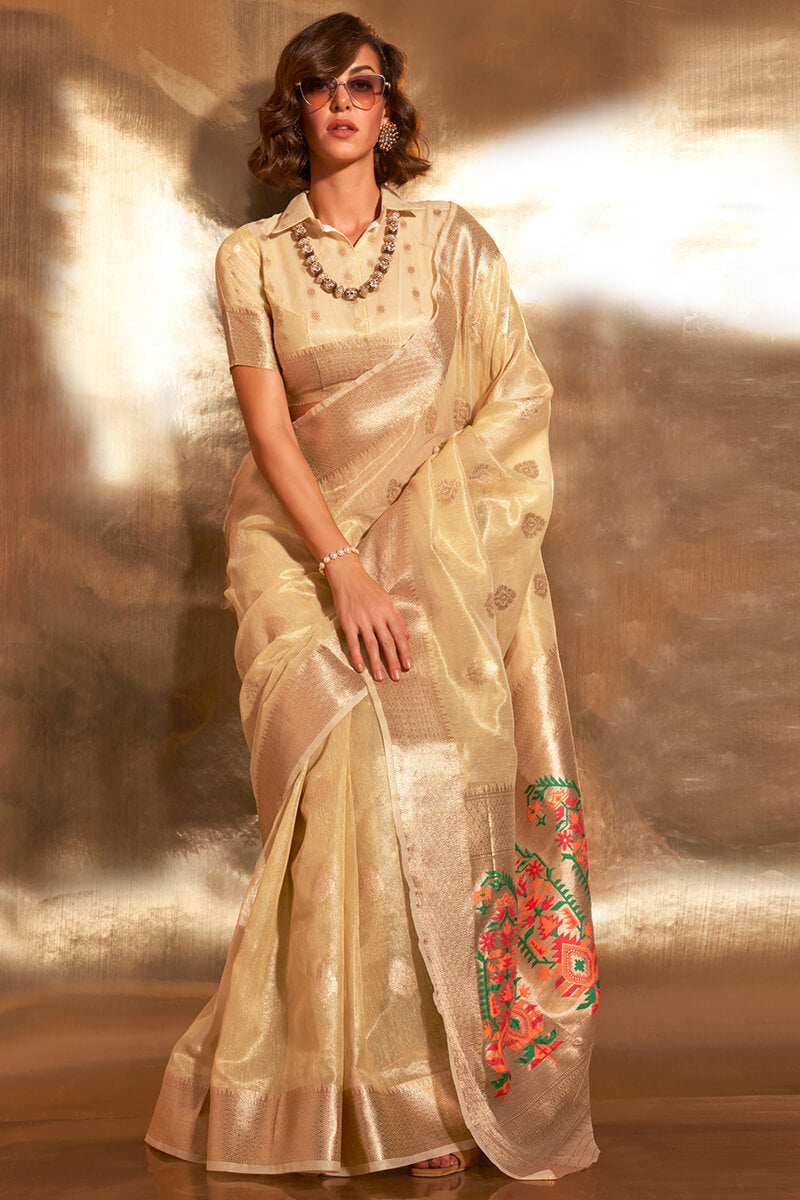 Intricate Beige Paithani Silk Saree With Capricious Blouse Piece