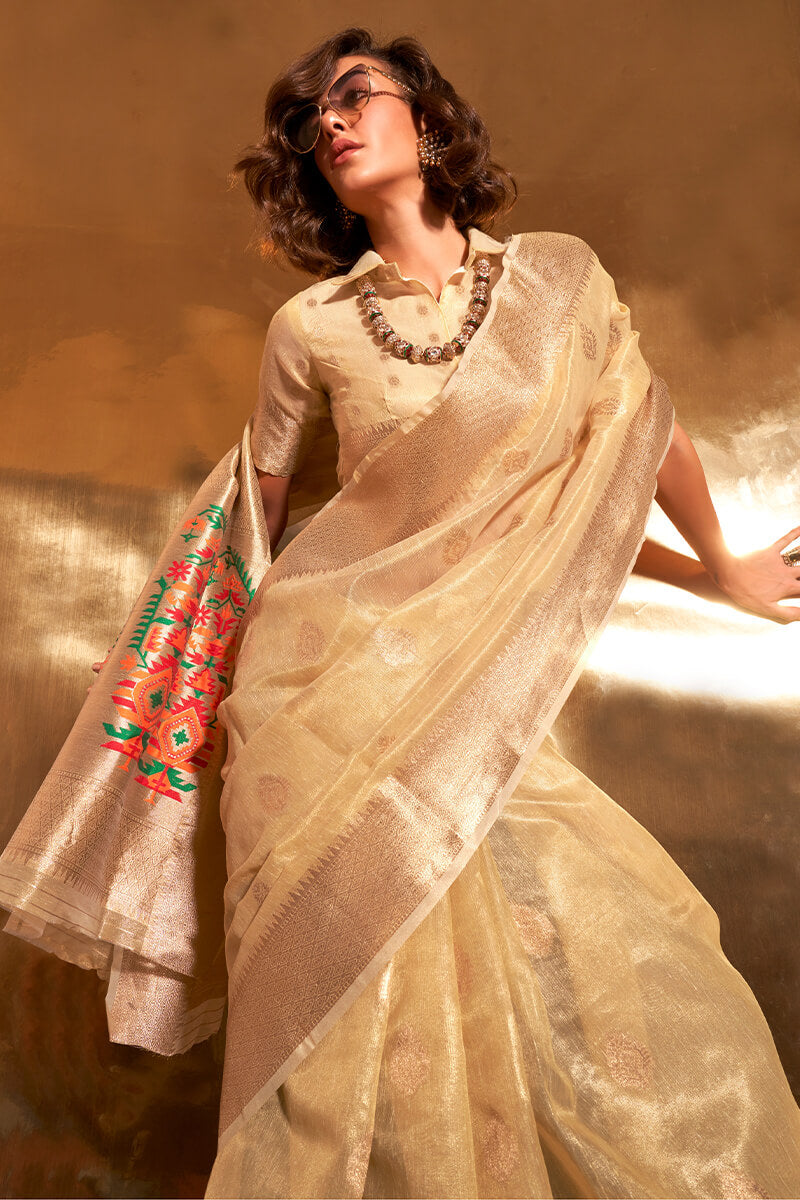 Intricate Beige Paithani Silk Saree With Capricious Blouse Piece