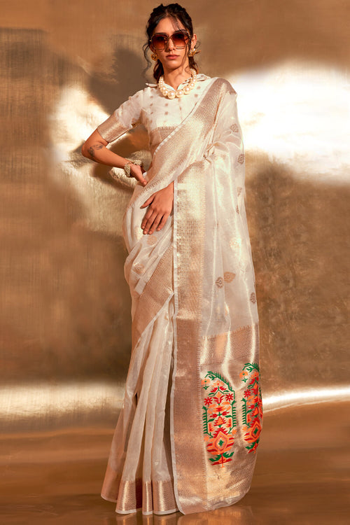 Load image into Gallery viewer, Alluring Off White Paithani Silk Saree With Pretty Blouse Piece
