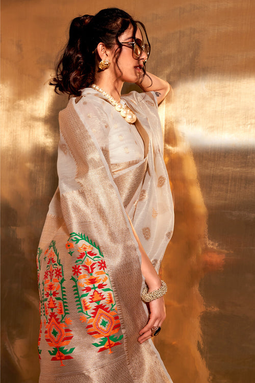 Load image into Gallery viewer, Alluring Off White Paithani Silk Saree With Pretty Blouse Piece
