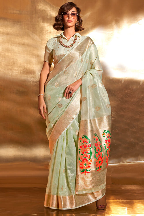 Load image into Gallery viewer, Girlish Pista Paithani Silk Saree With Opulent Blouse Piece
