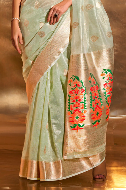 Load image into Gallery viewer, Girlish Pista Paithani Silk Saree With Opulent Blouse Piece
