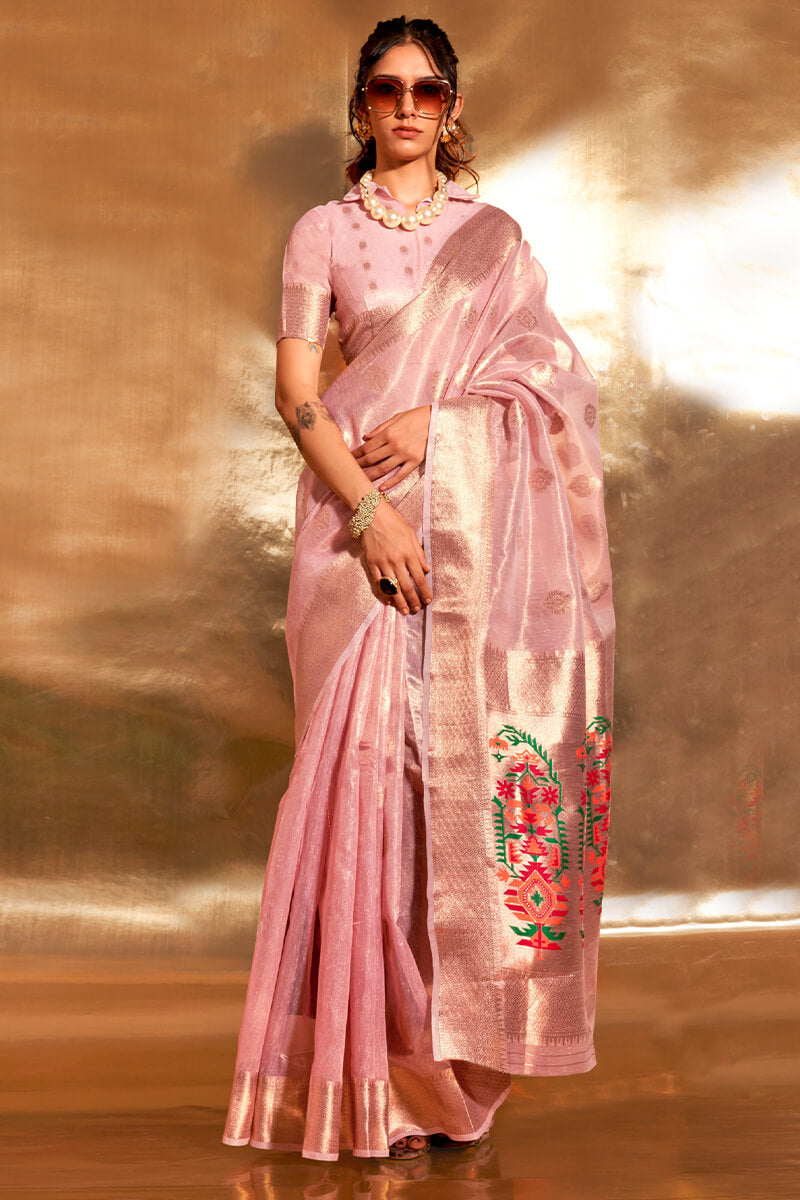 Bucolic Pink Paithani Silk Saree With Mellifluous Blouse Piece
