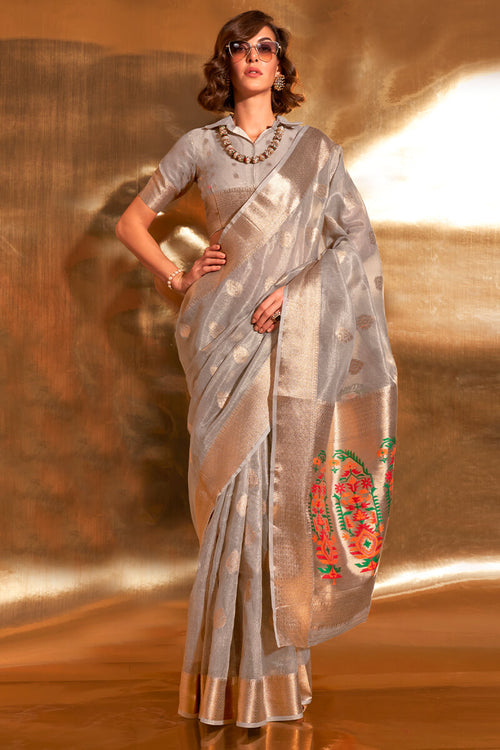 Load image into Gallery viewer, Fragrant Grey Paithani Silk Saree With Tremendous Blouse Piece
