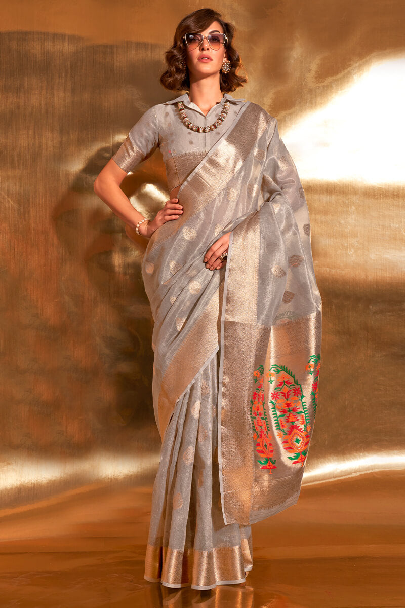 Fragrant Grey Paithani Silk Saree With Tremendous Blouse Piece