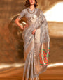 Fragrant Grey Paithani Silk Saree With Tremendous Blouse Piece