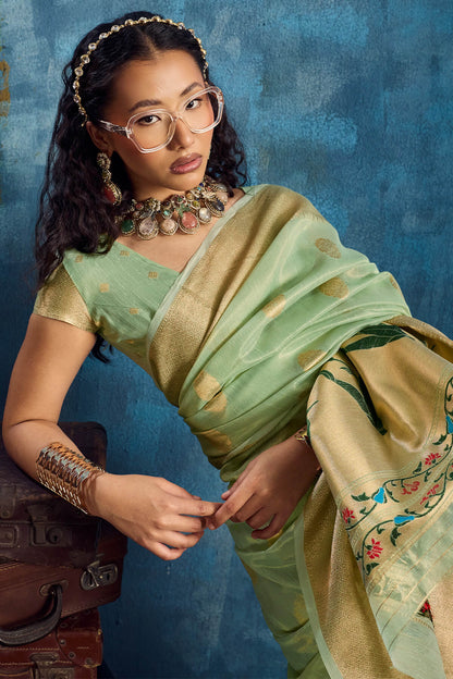 Captivating Pista Paithani Pure Tissue Silk Saree With Seraglio Blouse Piece