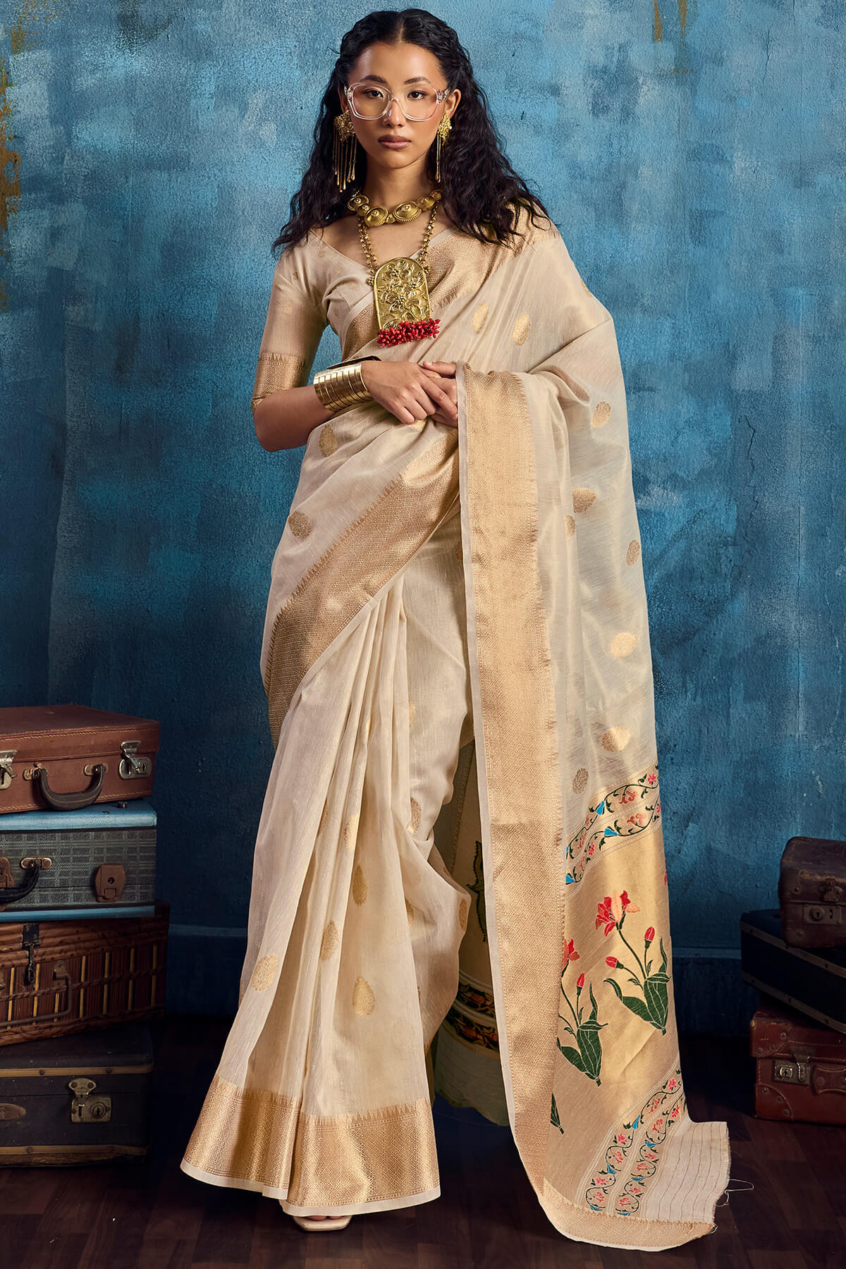 Exquisite Beige Paithani Pure Tissue Silk Saree With Redolent Blouse Piece