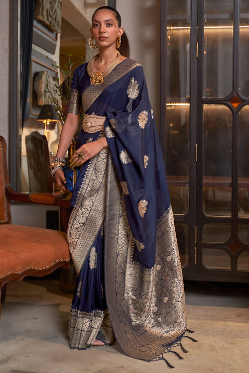 Load image into Gallery viewer, Beleaguer Navy Blue Soft Banarasi Silk Saree With Embrocation Blouse Piece
