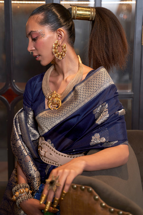 Load image into Gallery viewer, Beleaguer Navy Blue Soft Banarasi Silk Saree With Embrocation Blouse Piece
