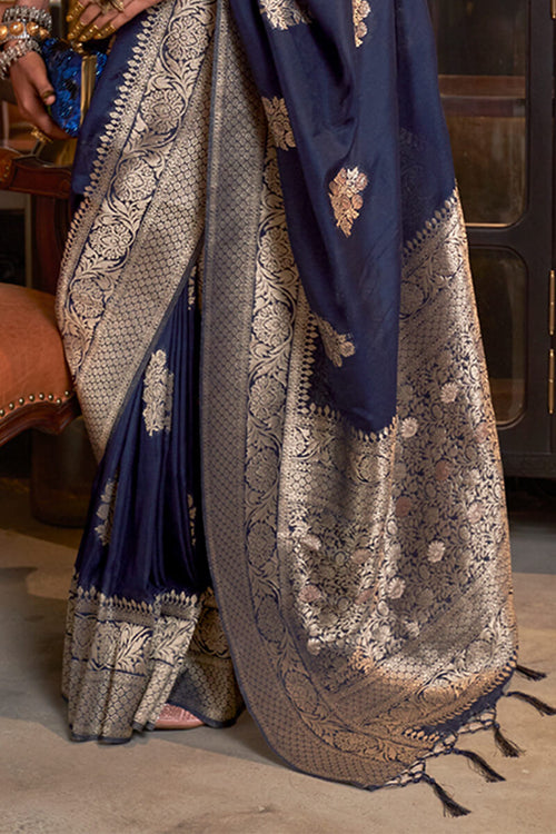 Load image into Gallery viewer, Beleaguer Navy Blue Soft Banarasi Silk Saree With Embrocation Blouse Piece
